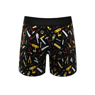 Shinesty Tool Belt black boxer briefs with colorful hammer and tools pattern on white background