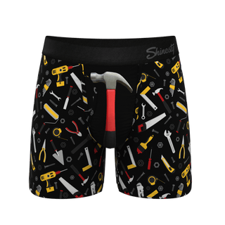 Shinesty Tool Belt black boxer briefs with colorful hammer and tools all-over print pattern