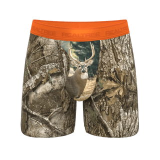 Realtree camo boxer briefs with neon orange waistband and buck deer graphic on front