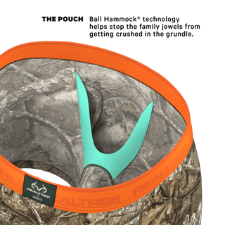 Close-up of Realtree x Shinesty camo underwear pouch showing teal Ball Hammock technology with neon orange waistband