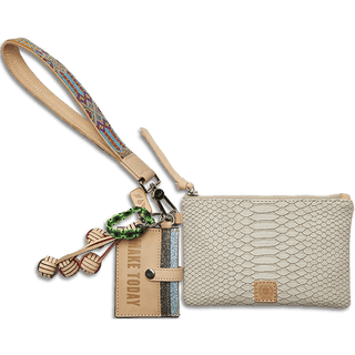 Beige wristlet with snake skin pattern, colorful strap, and keychain 