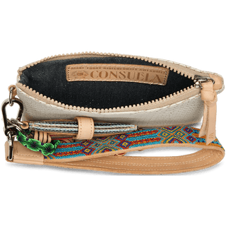 Open handbag showing interior with 'Consuela' brand label and colorful strap.