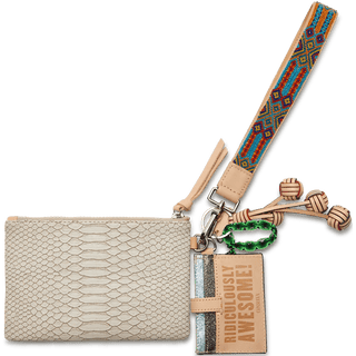 Beige textured pouch with colorful strap and keychain 