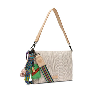 Beige handbag with a colorful strap 