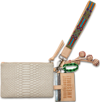 Beige textured pouch with colorful strap and keychain 