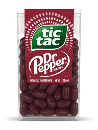 Tic Tac Dr Pepper flavored mints, 1.7oz clear container with dark red candies