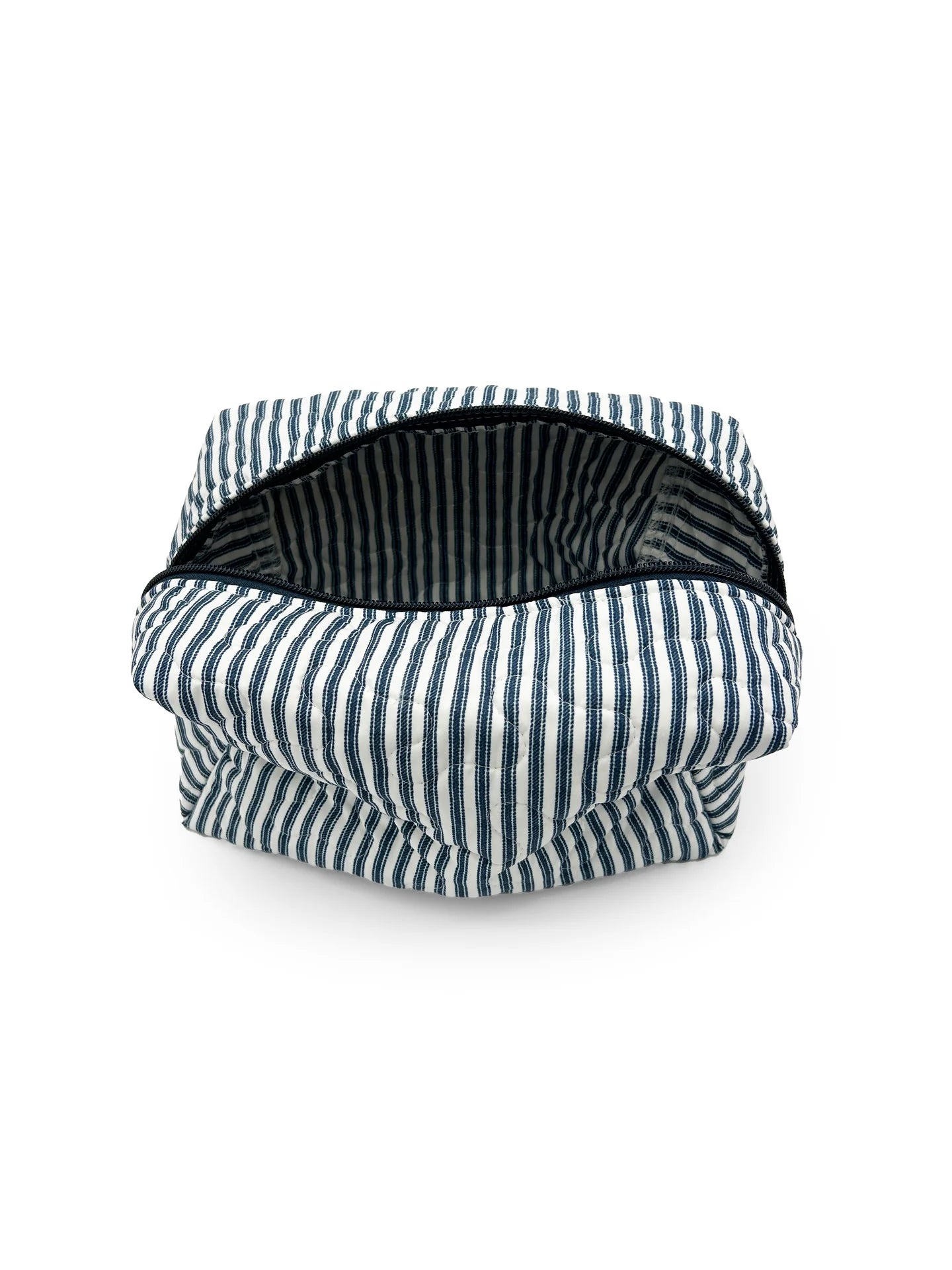 Ticking Stripe Navy Quilted Makeup Bag