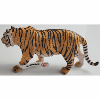 Schleich tiger toy rear view showing striped tail red S emblem logo and muscle definition