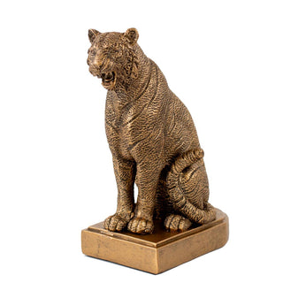 Gold antique bronze seated tiger decorative figurine on square base with textured detail