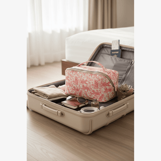 Tiger Jumbo Cosmetic Bag in suitcase with travel items