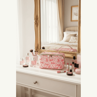 Tiger Jumbo Cosmetic Bag on vanity with beauty products and cosmetics