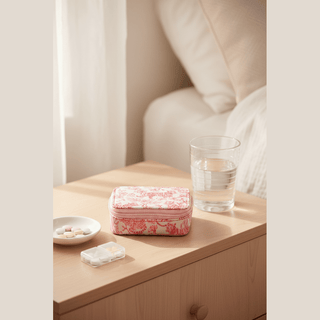 Tiger Travel Pill Case on nightstand with water glass