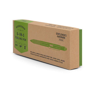 Gentlemen's Hardware Workshop 6-in-1 Tooling Pen in green finish shown in kraft packaging box