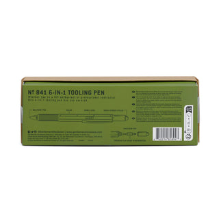 Back of olive green packaging box for Gentlemen's Hardware No. 841 6-in-1 Tooling Pen