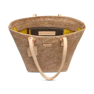 Beige embossed handbag with floral patterns 