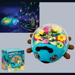 Colorful ladybug-shaped gear set with transparent lid, packaging, and projected light show.
