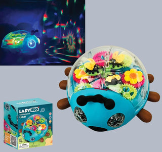 Colorful ladybug-shaped gear set with transparent lid, packaging, and projected light show.