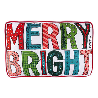 Glory Haus Merry and Bright decorative Christmas pillow with colorful patterned letters on white background