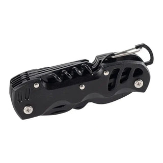 Closed black Trail Mate multi-tool with matte polymer body, spiral corkscrew, and silver carabiner key ring