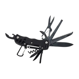 Fully deployed black Trail Mate EDC multi-tool displaying all 12 tools including ruler and Phillips screwdriver