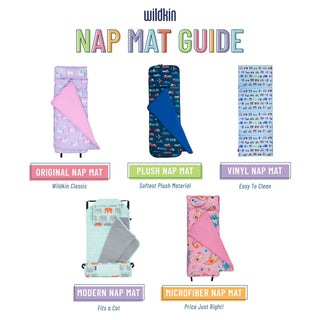 Comparison chart of six Wildkin nap mat styles including Original Plush Vinyl Modern and Microfiber