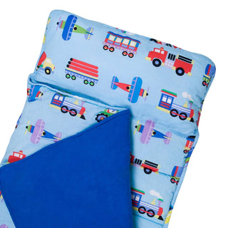Close-up of folded blue vehicle print nap mat with integrated pillow and padded stitching