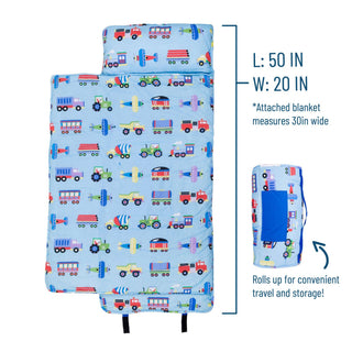 Rolling blue Trains Planes and Trucks nap mat showing 50 inch length and travel loops