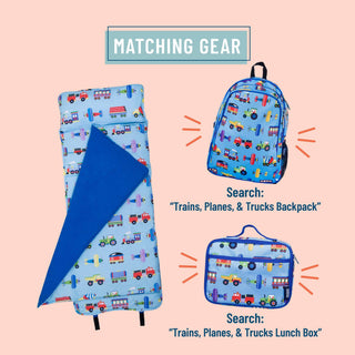 Matching Wildkin backpack and lunch box set featuring Trains Planes and Trucks pattern