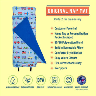 Light blue poly-cotton blend nap mat with removable pillow and machine washable features