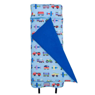 Blue Trains Planes and Trucks nap mat with attached royal blue blanket and quilted stitching