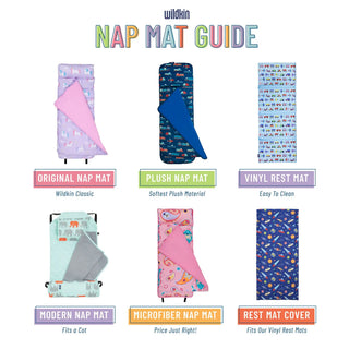 Six-product nap mat guide showing Original Plush Vinyl Modern Microfiber and Rest Mat Cover