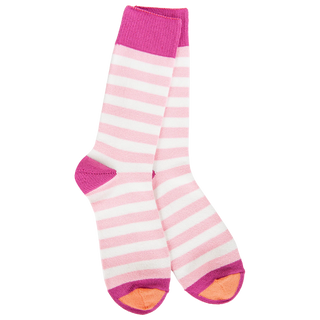 World socks in wild strawberry colorway with pink and white horizontal stripes and magenta cuffs