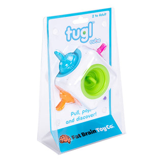 Tugl Cube sensory toy by Fat Brain Toys with colorful pull and pop attachments in packaging