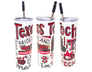 Three Texas Tech-themed tumblers with straws on a white background