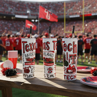Three Texas Tech-themed tumblers with straws on a white background