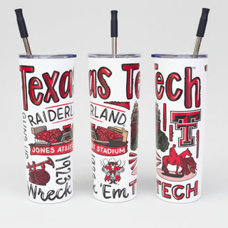 Three Texas Tech-themed tumblers with straws on a white background
