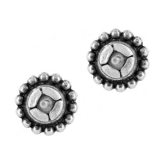 Silver-toned pearl and petal mini post earrings with beaded border
