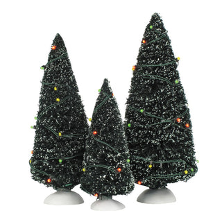 Department 56 set of three snow-flocked green Christmas trees with multicolor twinkling lights