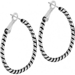 Brighton silver twist oval hoop earrings with black accent striping on white background