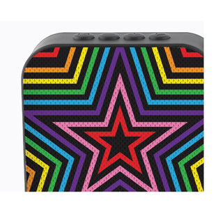 Watchitude TwistDoodles Bluetooth speaker with colorful rainbow star pattern on black mesh