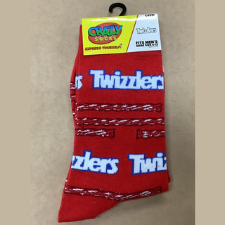 Red Twizzlers crew socks with white text and candy bar graphics on ribbed knit fabric
