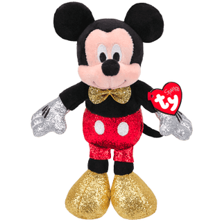 Mickey Mouse Ty Beanie Baby plush with sequined shorts, gold glitter bowtie and COMFY tag