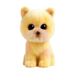 Yellow plush dog Beanie Baby with purple glitter eyes and fluffy fur