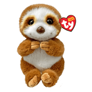Brown and white sloth Beanie Belle with clasped paws and glossy eyes