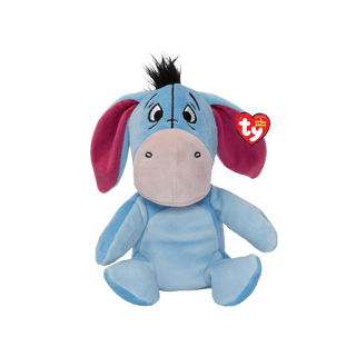 Light blue Eeyore Beanie Baby with velvety texture and frown