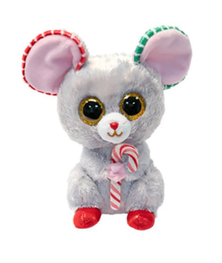 Ty Beanie Boo gray mouse plush holding candy cane with red boots and glitter eyes