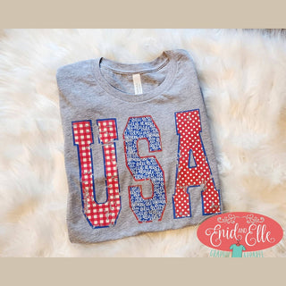 Enid and Elle Women's Tees USA Shirt | Preppy Patriotic USA Varsity Letter Graphic Tee