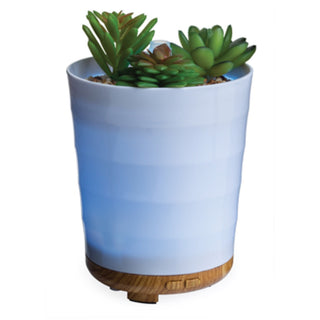 Candle Warmers ultrasonic essential oil diffuser styled as a succulent planter with wood grain base