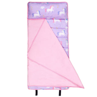 Purple unicorn print microfiber nap mat with built-in pillow and blanket for toddlers