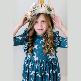Teal unicorn wish ruffle twirl dress with white pink unicorns and gold stars on soft stretch fabric